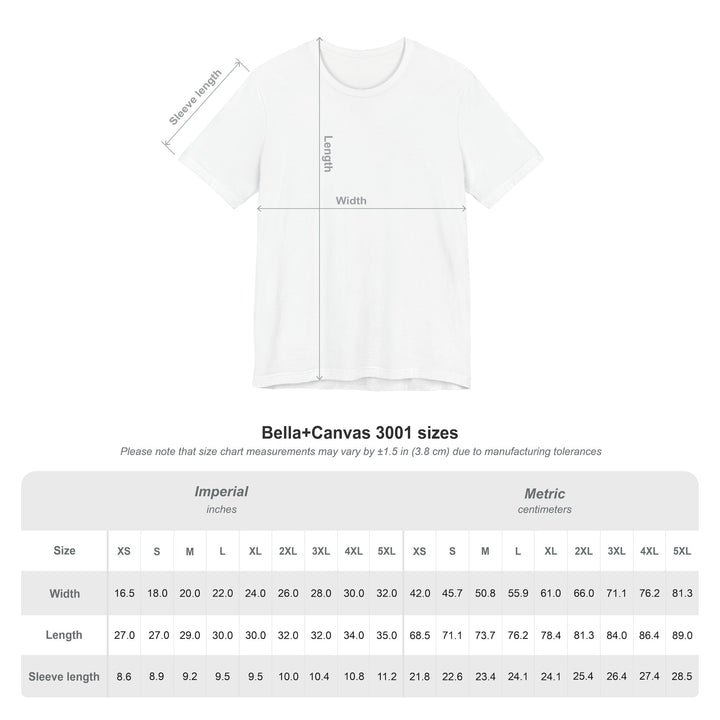 Size Chart for Bella Canvas 3001 tshirts