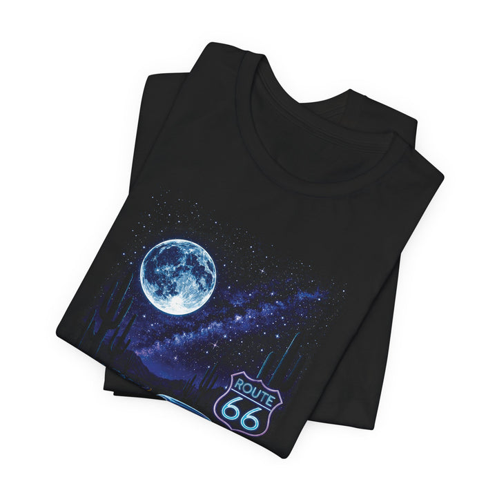 Arizona Route 66 Centennial night sky custom printed black t-shirt, Bella Canvas 3001, 1926-2026 commemorative design