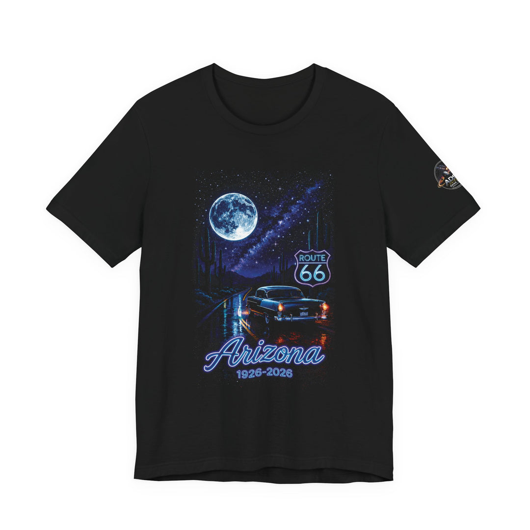 Arizona Route 66 Centennial night sky custom printed black t-shirt, Bella Canvas 3001, 1926-2026 commemorative design