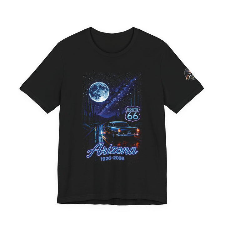Arizona Route 66 Centennial night sky custom printed black t-shirt, Bella Canvas 3001, 1926-2026 commemorative design