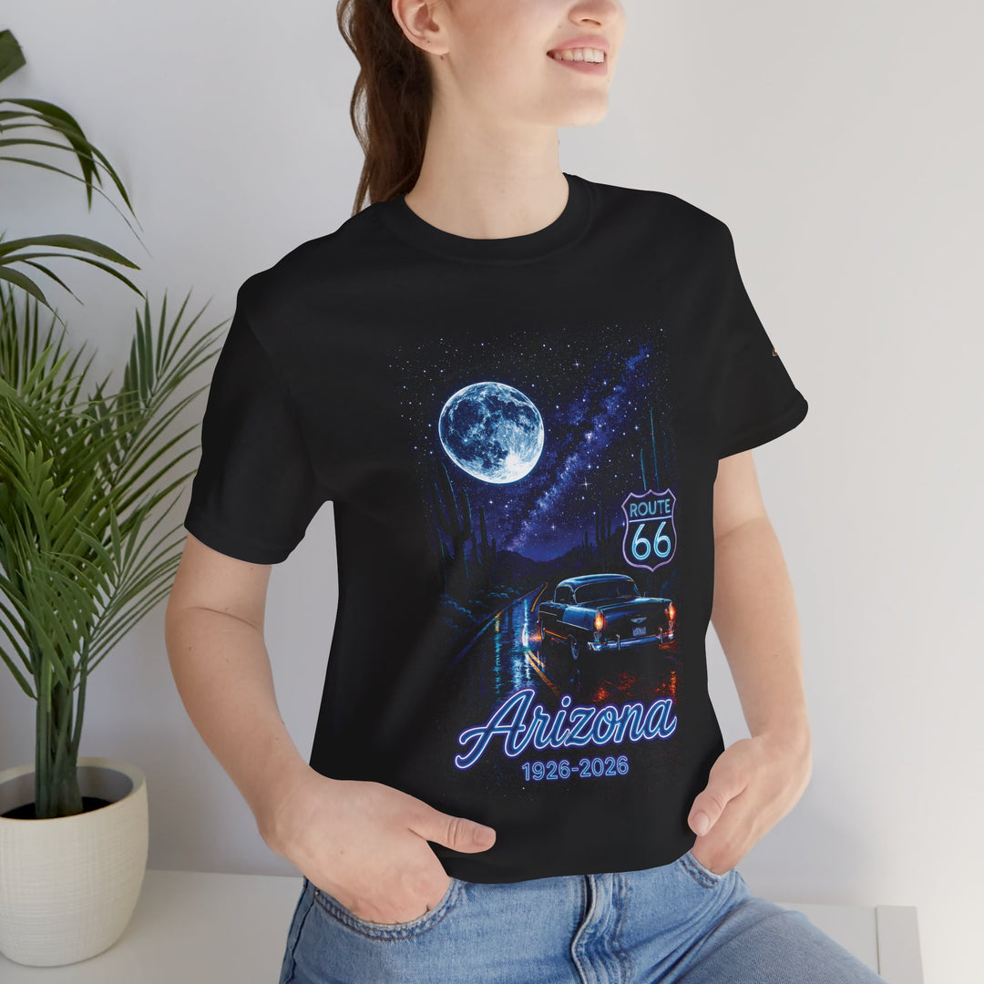 Arizona Route 66 Centennial night sky custom printed black t-shirt, Bella Canvas 3001, 1926-2026 commemorative design
