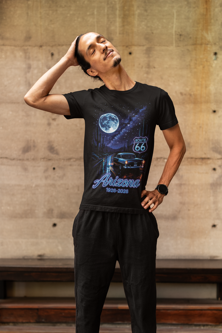 Arizona Route 66 Centennial night sky custom printed black t-shirt, Bella Canvas 3001, 1926-2026 commemorative design
