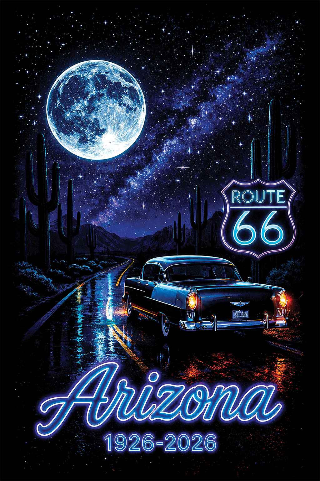 Arizona Route 66 Centennial night sky custom printed black t-shirt, Bella Canvas 3001, 1926-2026 commemorative design tshirt graphic
