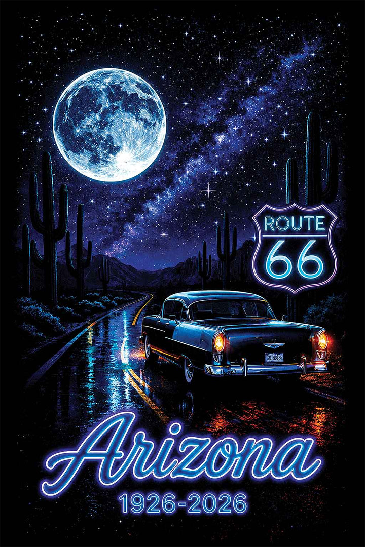 Arizona Route 66 Centennial night sky custom printed black t-shirt, Bella Canvas 3001, 1926-2026 commemorative design tshirt graphic
